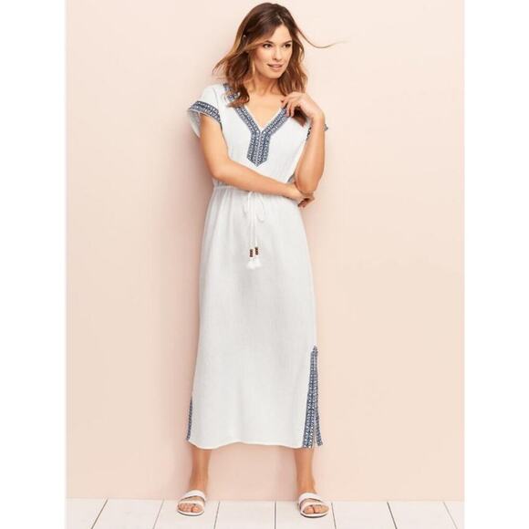 Talbots Women's XS Cover Up Dress White Gauze Maxi Embroidered V Neck Tie Waist - Picture 1 of 14